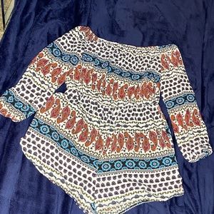 Bohemian romper, plus sized, multi colored off shoulder with sleeves